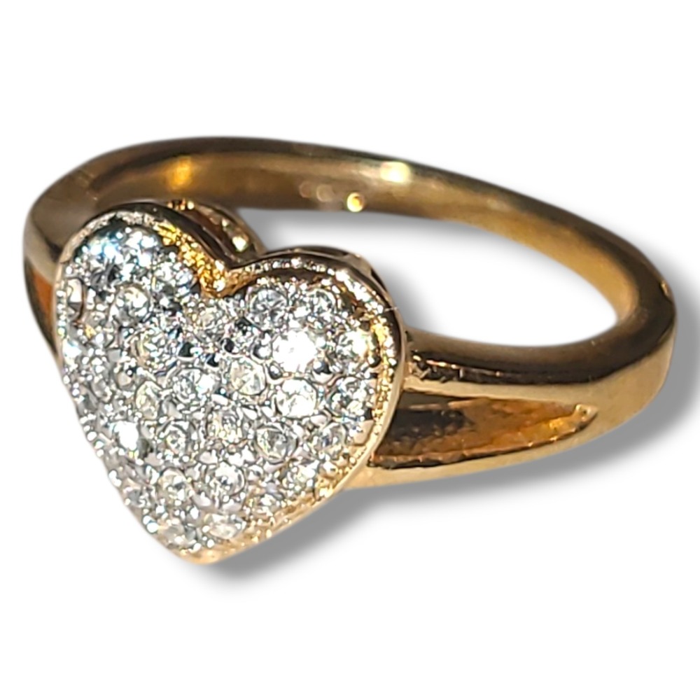 Vintage 18K HGE CZ Pavé Heart Ring Gold Tone Love Cocktail Ring Size 7